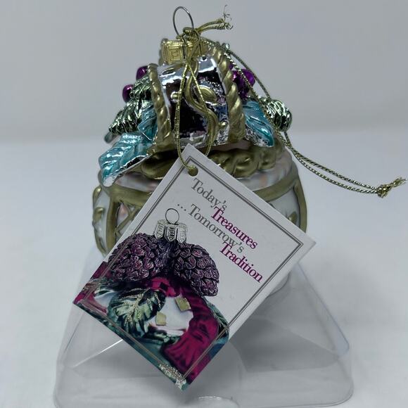 Fitz and Floyd Glass Ornament Snowy Woods Motif Gold Blue Purple Bow - Picture 3 of 10